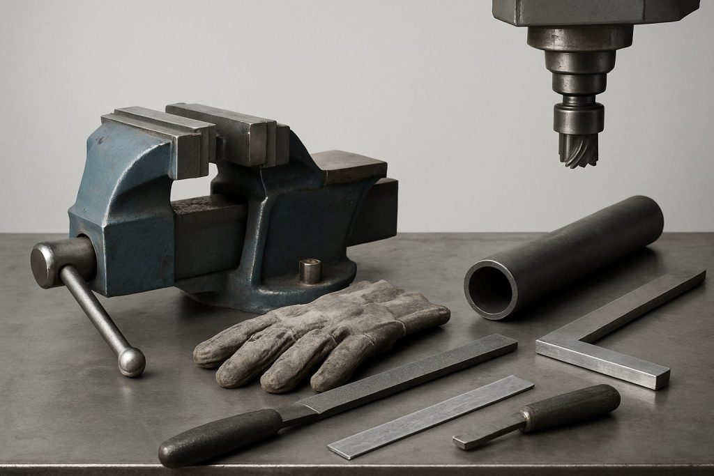 A collection of machining tools including a vice, gloves, and metal rods on a workbench.