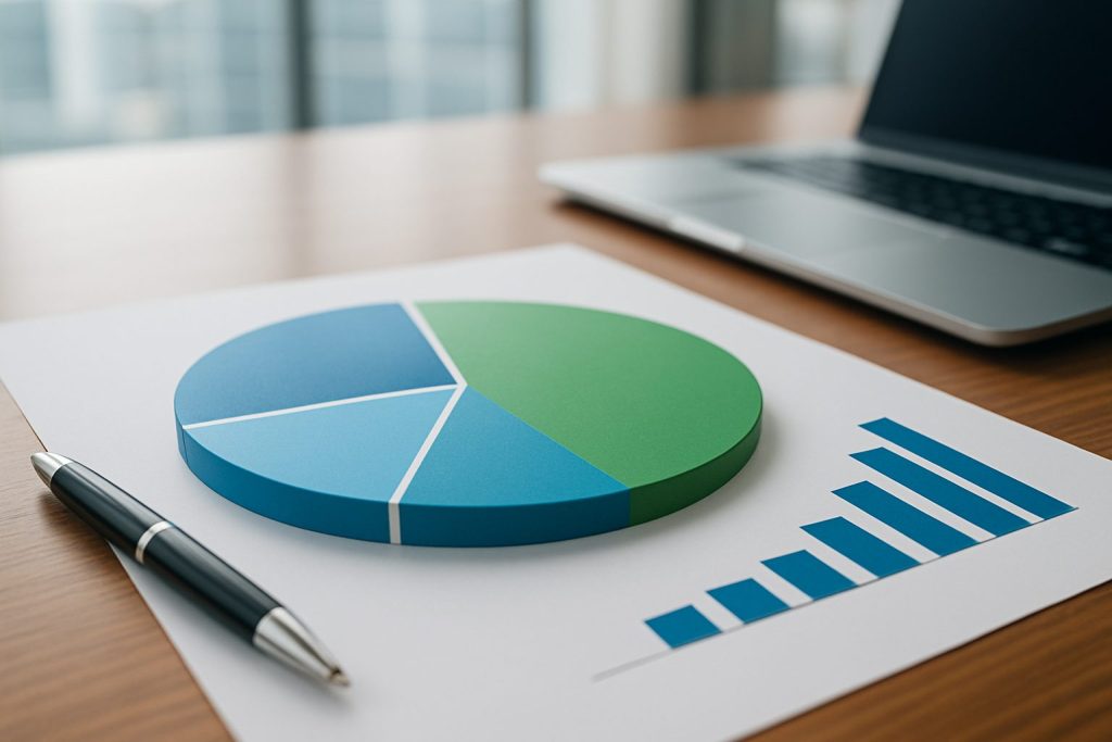 A pie chart and bar graph on a desk with a pen and a laptop in the background, symbolizing professional development metr