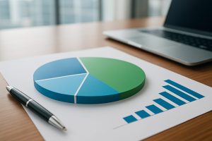 A pie chart and bar graph on a desk with a pen and a laptop in the background, symbolizing professional development metr