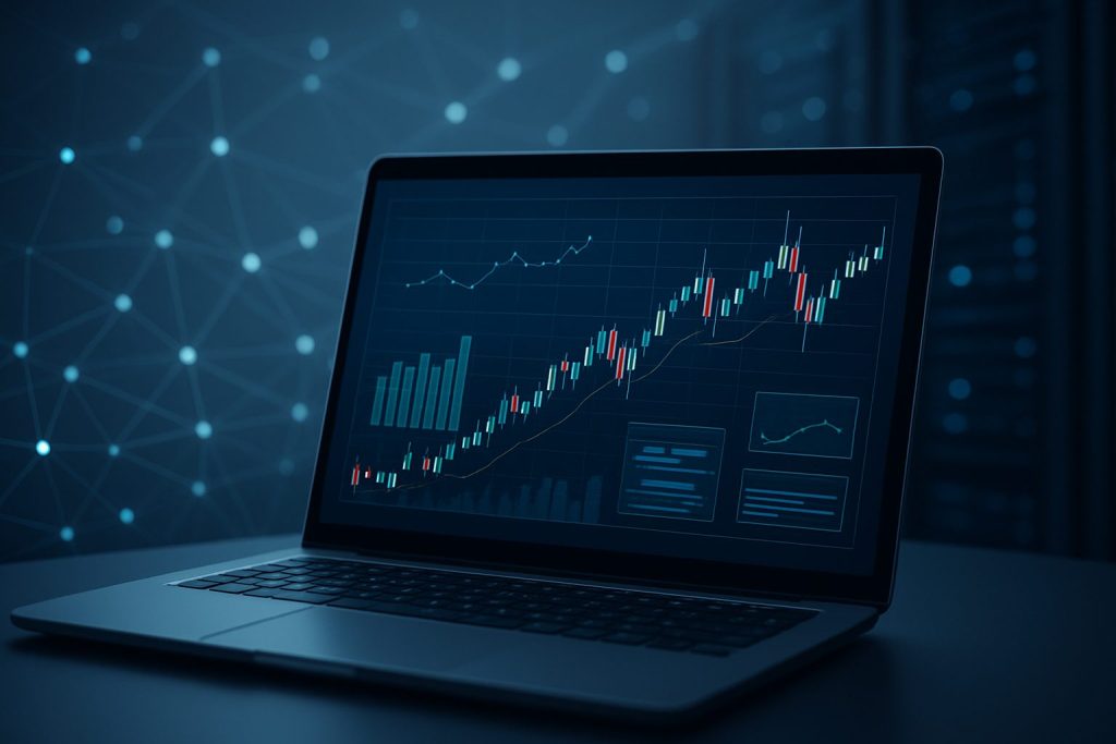 A laptop displaying a financial chart with upward trends and data on a dark background.