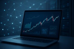 A laptop displaying a financial chart with upward trends and data on a dark background.